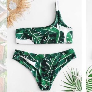 New Zaful Palm Leaf Patterned One Shoulder Bikini